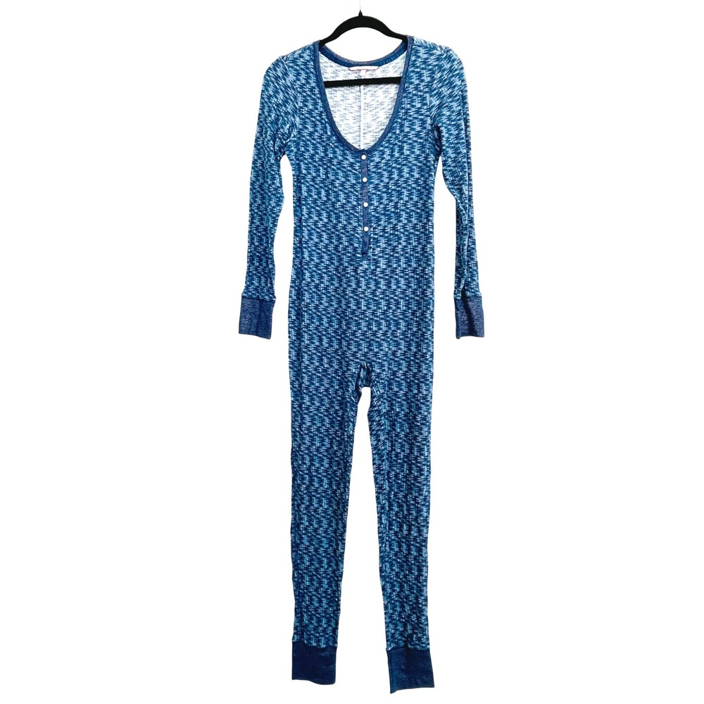 Victoria's Secret Blue Space Dye Thermal Long Jane Pajama Romper Small S/P